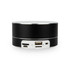 A black cylindrical speaker with USB and AUX ports on the side. It has a sleek, modern design.