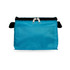 A teal zippered pouch with black accents, featuring a secured compartment and a flat back. It has a simple design.