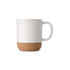 A white coffee mug with a cork base, featuring a simple design and a handle.