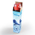 A drink bottle in a box, featuring a red lid and a dark body, with a logo and a water-themed design.