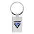 A silver rectangular keychain featuring a metal ring and a logo on one side.