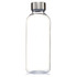 A drink bottle made from clear Tritan, featuring a silver metallic cap and a logo.