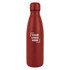 A drink bottle in a matte red finish, featuring a simple logo on the front.