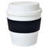 A drink bottle in white with a black silicone band around its middle. It has a lid and a simple design.
