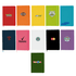 A collection of A5 notebooks in various colours, featuring multiple logos and branding on the covers.