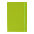 A bright green A5 notebook with a matching elastic band closure. Features a smooth finish and a logo on the cover.