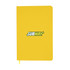 A yellow A5 notebook features an emblem and has a ribbon bookmark. It has a smooth cover and rounded edges.