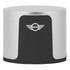 A compact wireless speaker in silver and black with a logo on the front.