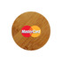 A round bamboo bottle opener featuring a logo in red and yellow on its surface. The opener has a natural bamboo finish.