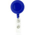 A round blue badge holder with a retractable clear strap and a metal clip at the end.