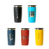 A drink bottle collection featuring tumblers in black, blue, dark blue, red, and yellow with various logos.