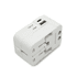 A white universal travel adapter with USB ports and retractable prongs, featuring a compact design.