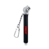 A black key chain tyre gauge with a metal tip and a silver carabiner clip. It features a branding logo.