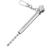 A shiny silver key chain tyre gauge with a clip and a measuring stick. It has a branding logo.