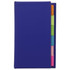 A purple adhesive note marker strip book featuring multicoloured sticky tabs in pink, green, blue, and orange.