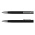 A black metal pen with a sleek silver clip and tip, featuring a modern design. It includes a logo on the body.