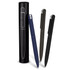 A set of three metal pens in navy, dark green, and black, presented in a cylindrical black case with a logo.