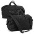A black duffle bag with dual handles and a detachable shoulder strap, featuring a logo.