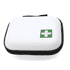 A compact white first aid kit with a green cross, featuring a zippered closure and a sturdy design.