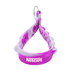 A pink and white popper stress reliever keychain with a silver keyring and logo.