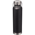 A drink bottle in black with a stainless steel base and lid, featuring a logo. Holds 650ml.
