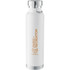 A drink bottle in white with a stainless steel lid and a logo. It features a sleek, modern design and is vacuum insulated.