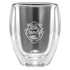 A glass coffee and tea set featuring a clear design with a logo, showcasing a van and outdoor theme.