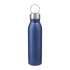 A drink bottle in a navy blue finish with a stainless steel cap and a metal loop. Features a logo.