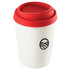 A ceramic mug with a white body and a red silicone lid, featuring a logo on the side.