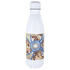 A drink bottle with a white exterior and an artistic, colourful design featuring earthy tones and patterns.