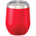 A drink bottle in vibrant red with a stainless steel rim and clear lid, designed for insulated beverages.