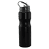 A drink bottle in black aluminium with a grey cap and a built-in carrying handle. It features a logo.