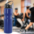 A drink bottle in navy blue, featuring a black lid with a spout and a logo on the side.