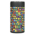 A drink bottle featuring a vibrant design with multicoloured dots on a black background and a logo.