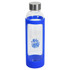 A drink bottle made of glass with a blue silicone cover, featuring a stainless steel cap and a logo.