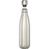 A drink bottle made of stainless steel with a silver finish, featuring a screw-top lid and a logo.