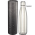 A drink bottle in a sleek silver finish, featuring a polished design and a textured black storage tube, both with water droplets.