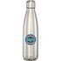 A drink bottle in stainless steel with a silver finish, featuring a round logo on the body.