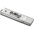 A silver USB flash drive with a logo, featuring a sleek design and removable cap.