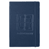 A navy blue journal with an embossed design and an elastic band closure, featuring a logo.
