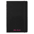 A black journal with an elastic band, featuring a custom name in pink text at the bottom. It includes a branding logo.