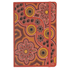 A vibrant red journal with Indigenous-inspired floral and dot designs, featuring an elastic band closure.