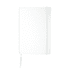A white notebook with a textured cover, featuring an elastic band and a ribbon bookmark, includes a branding logo.