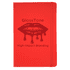 A red journal with a glossy finish and a logo on the front, featuring a design of lips and dripping effect.