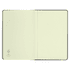 A black journal with blank pages and a logo. The interior features a smooth, light cream-coloured finish.