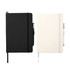 A large hard-bound journal book available in black and white, featuring an elastic band and a pen holder.