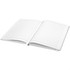An A5 hard cover notebook with lined pages, featuring a white cover and a bookmark ribbon.