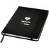 A black A5 hard cover notebook with an elastic band and a logo on the front. Features contrasting white pages.