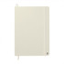 A hardcover notebook in a light cream colour with an elastic band and a logo.