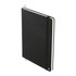 A black hardcover notebook with a white spine and an elastic closure, featuring a ribbon bookmark and a logo.